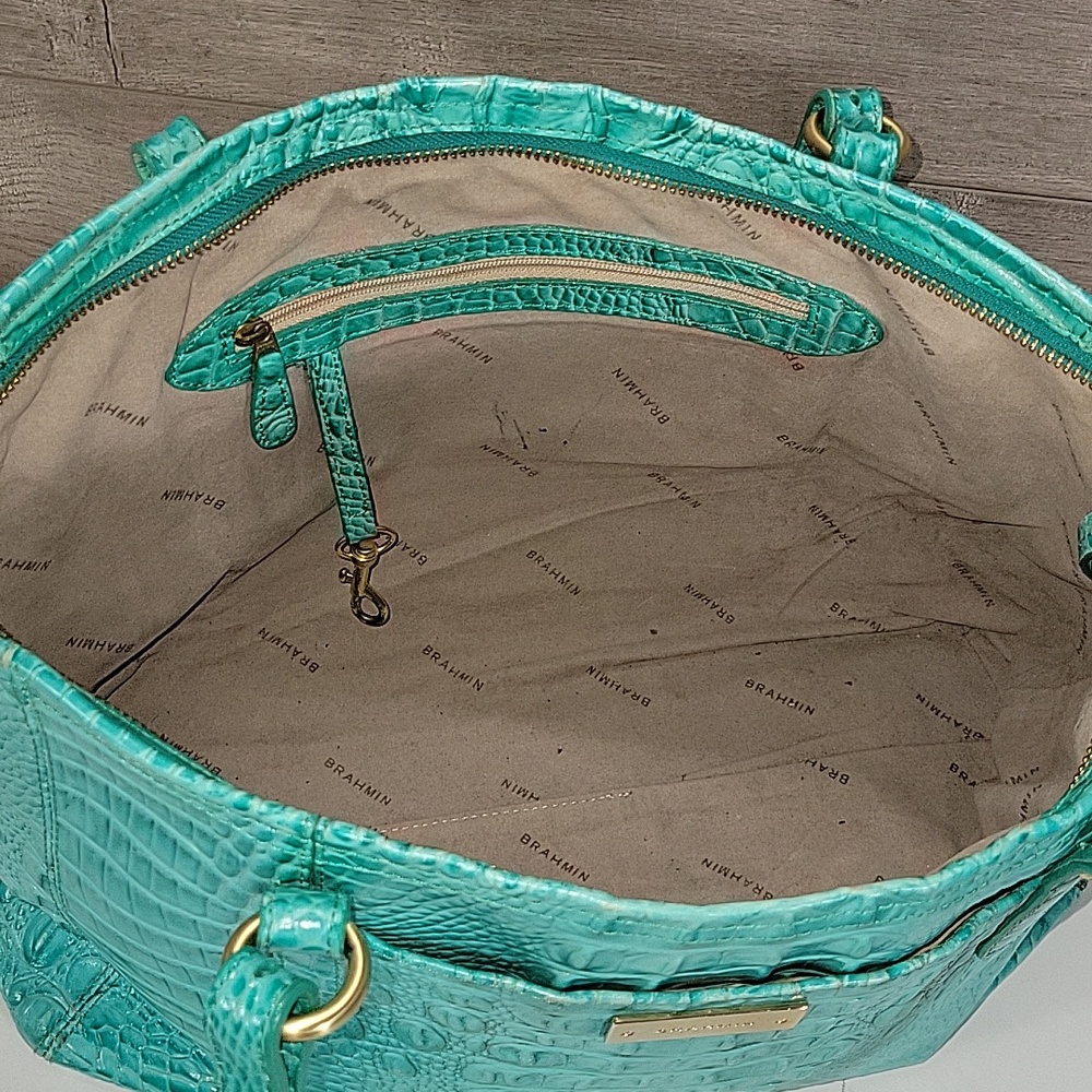 "Brahmin Bright Teal Croc-Embossed Tote Shoulder Bag - Picture 13 of 16